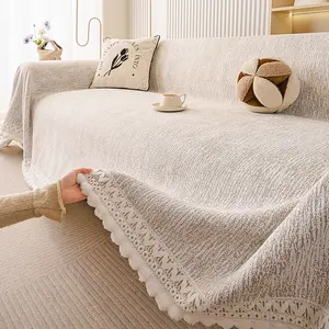 1PC Bohemian Casual Sofa Cover, Luxurious Chenille Tassel Trim Design Sofa Slipcover, Scratch-Resistant, Dust-Proof & Pet-Friendly Sofa Protector, Fits 1/2/3/4 Seater Sofas, All-Season Living Room Sofa Cover, Machine Washable