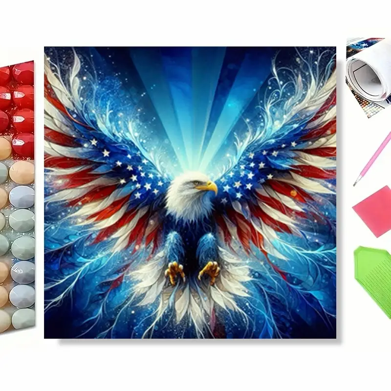 Patriotic Bald Eagle 5D Diamond Painting Kit, Crafts, Diamond Pattern Design, Full Drill Rhinestone Embroidery, DIY American Flag Wings Art, Perfect Gift for Veterans & Patriots, Premium Home Wall Decor for Living Room Bedroom