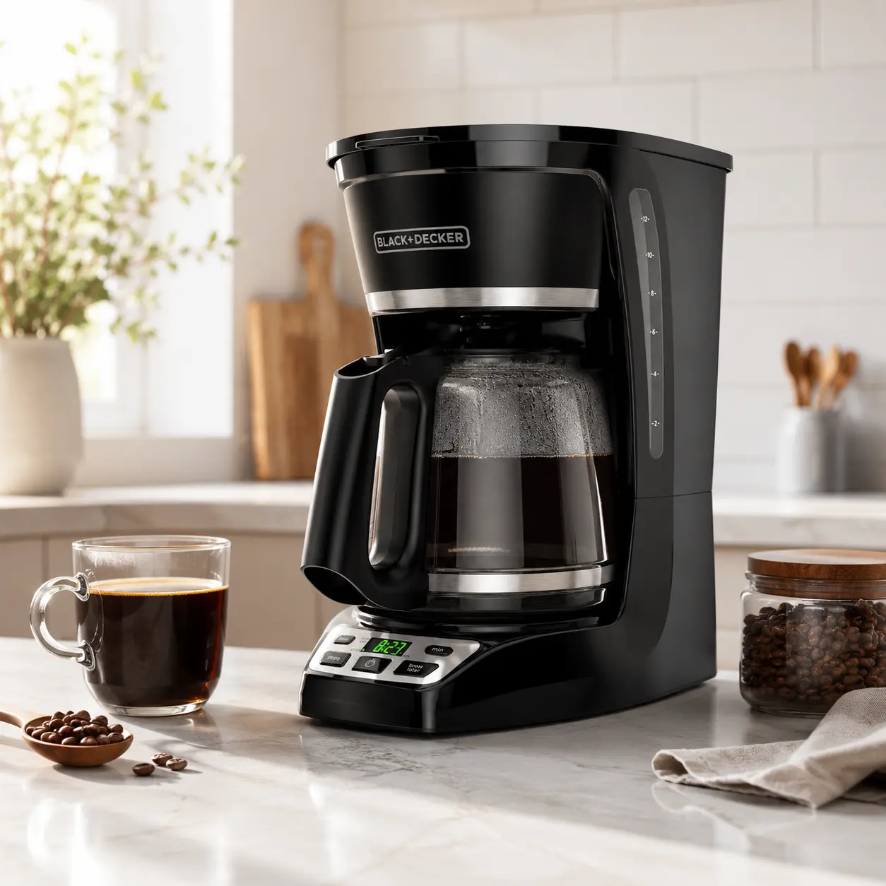 BLACK+DECKER 12-Cup Programmable Coffee Maker, Vortex Technology Drip Coffee Machine, Brew Strength Selector, Sneak-A-Cup, Auto Shutoff & Glass Carafe