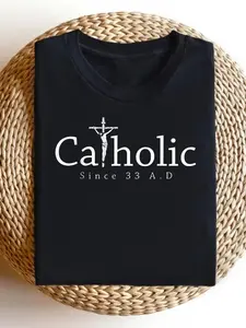 Catholic Since 33 AD Graphic T Shirt Black Tee for Men with Crucifix Jesus and Eucharist Design