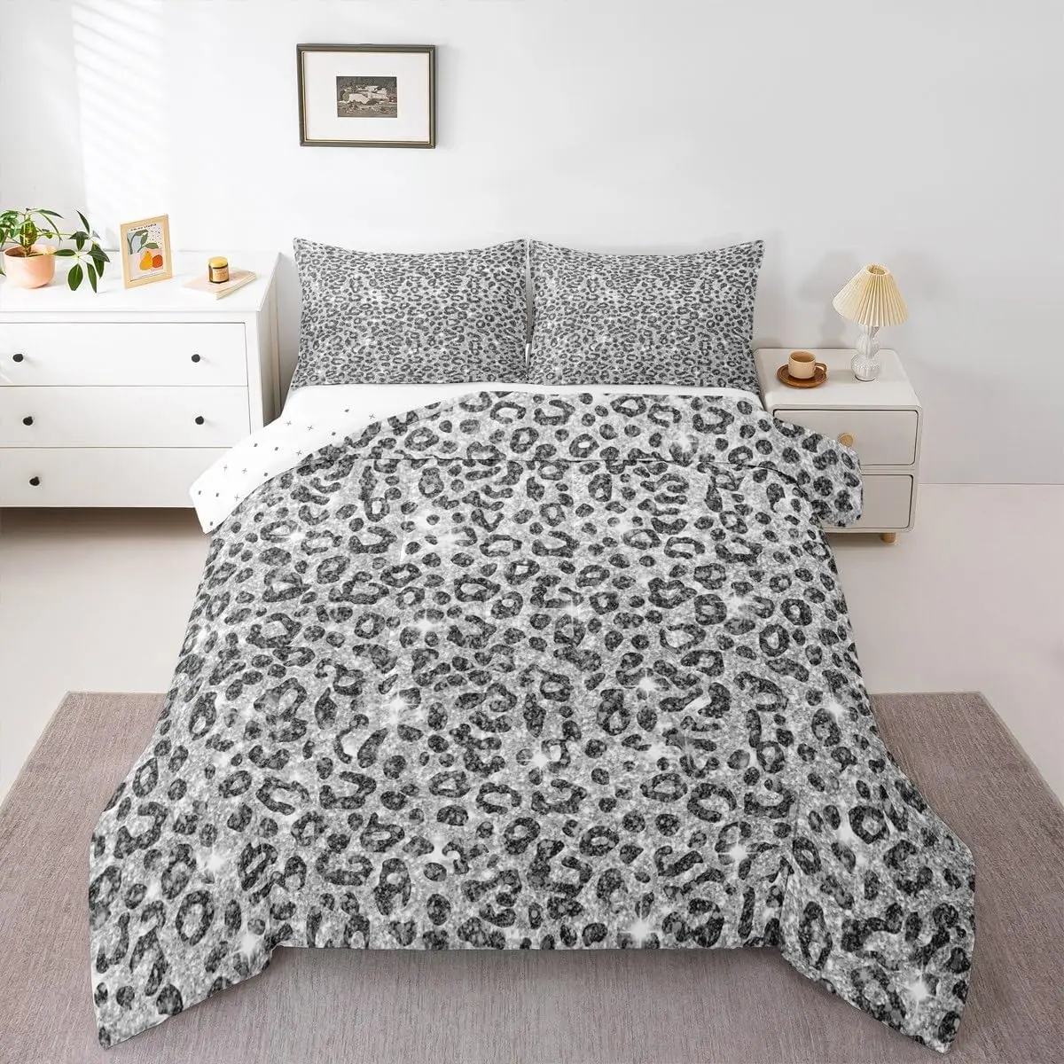 Glitter Leopard Bedding Set Silver Shiny Comforter Set Animal Print Duvet Quilt Safari Room Decor Breathable Soft Lightweight Microfiber