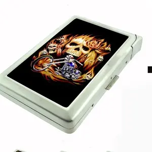 Novelty Metal Wallet Case Motorbike Biker Skull and Flame With Built In Lighter