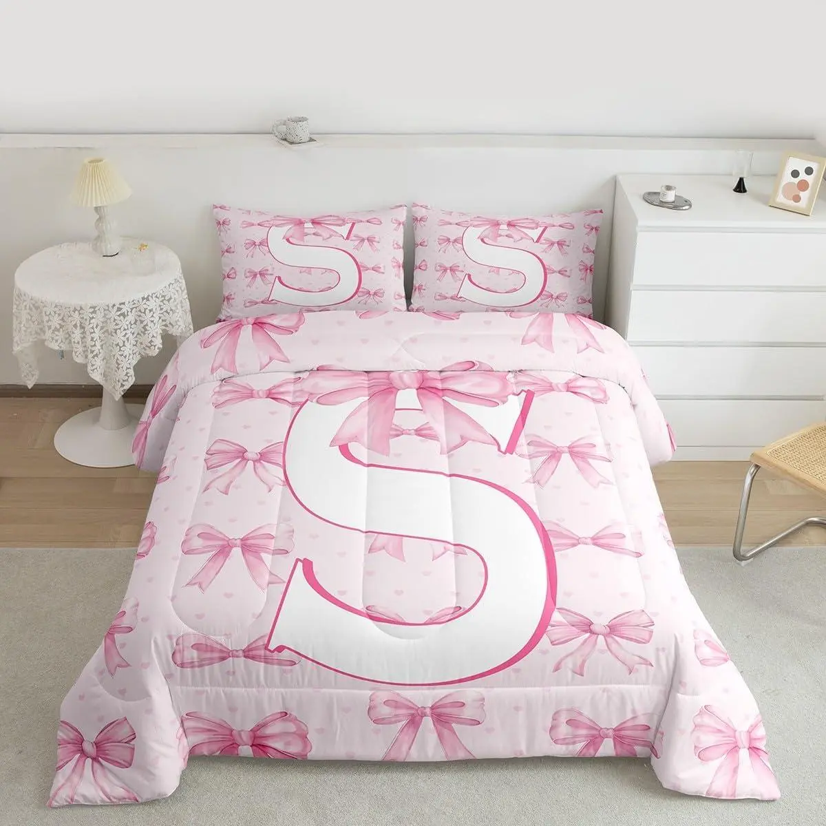 Pink Bowknot Bedding Set Soft for Boys Girls,Initial Letter S Comforter Set Bow Alphabet Duvet Quilt Microfiber Princess Love Hearts Bedroom Decor