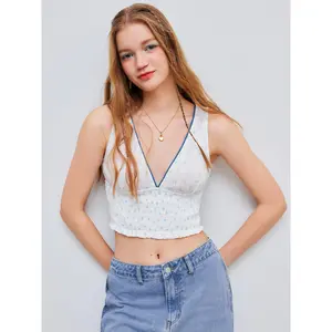 Cider [size 2-10] V-neck Bowknot Graphic Contrasting Binding Shirred Crop Tank Top