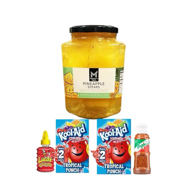 Viral Pineapple Spears With Koolaid Tropical Punch Flavor & Lucas Chamoy & Mini Tajin Bottle