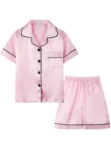 Kids Pink Satin 2 Piece Pajama Set Short Sleeve Button Down Sleepwear for Boys & Girls, Ideal Kids Girl Stuff & Kids Stuff, Cute Teen Girl Clothes, Soft Comfy PJs 5-14Y