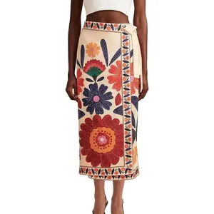 Womens Floral Wrap Midi Skirt Summer Adjustable Tie Side Casual High Waist A Line Beach Boho Long Flared Skirts