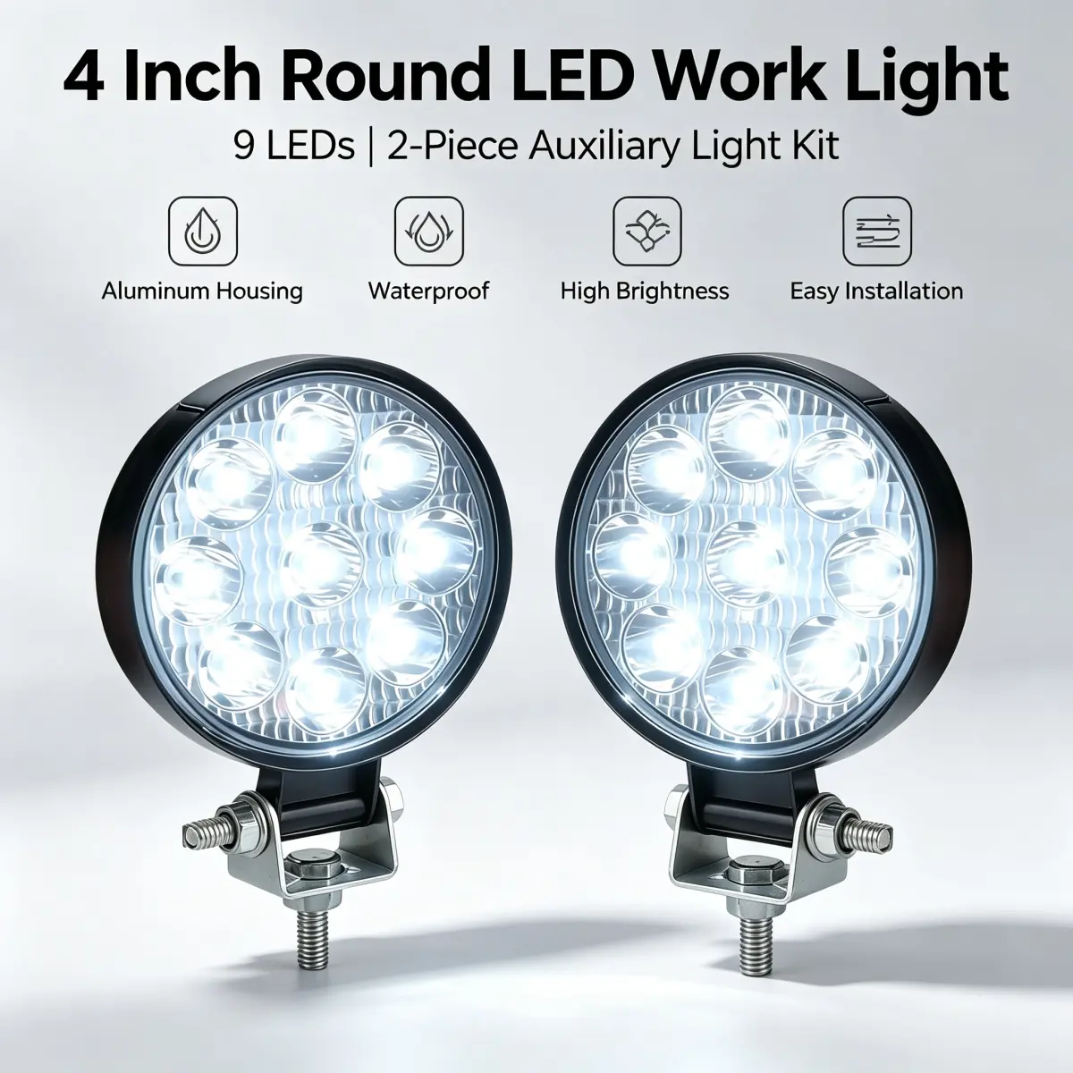 2 Pack 4 Inch Round LED Work Lights 27W, 6500K Cool White Waterproof Driving Lights with Stainless Steel Mounting Bracket, Universal for Car Motorcycle SUV Truck Forklift Boat 12‑24V DC