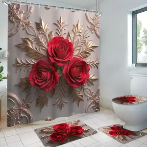 Waterproof Bathroom Curtain Set with 3D Floral Flowers, Rose Pattern, Anti-Slip Bath Mat, U-Shaped Toilet Lid Cover, Includes 12 Hooks, Shower Curtain Sets