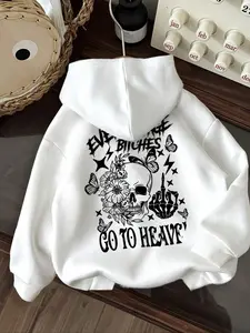 Halloween Floral Skull Hoodie, Casual Pullover with Skeleton & Rose Design, Autumn Winter Style, Loose Fit Hooded Sweatshirt