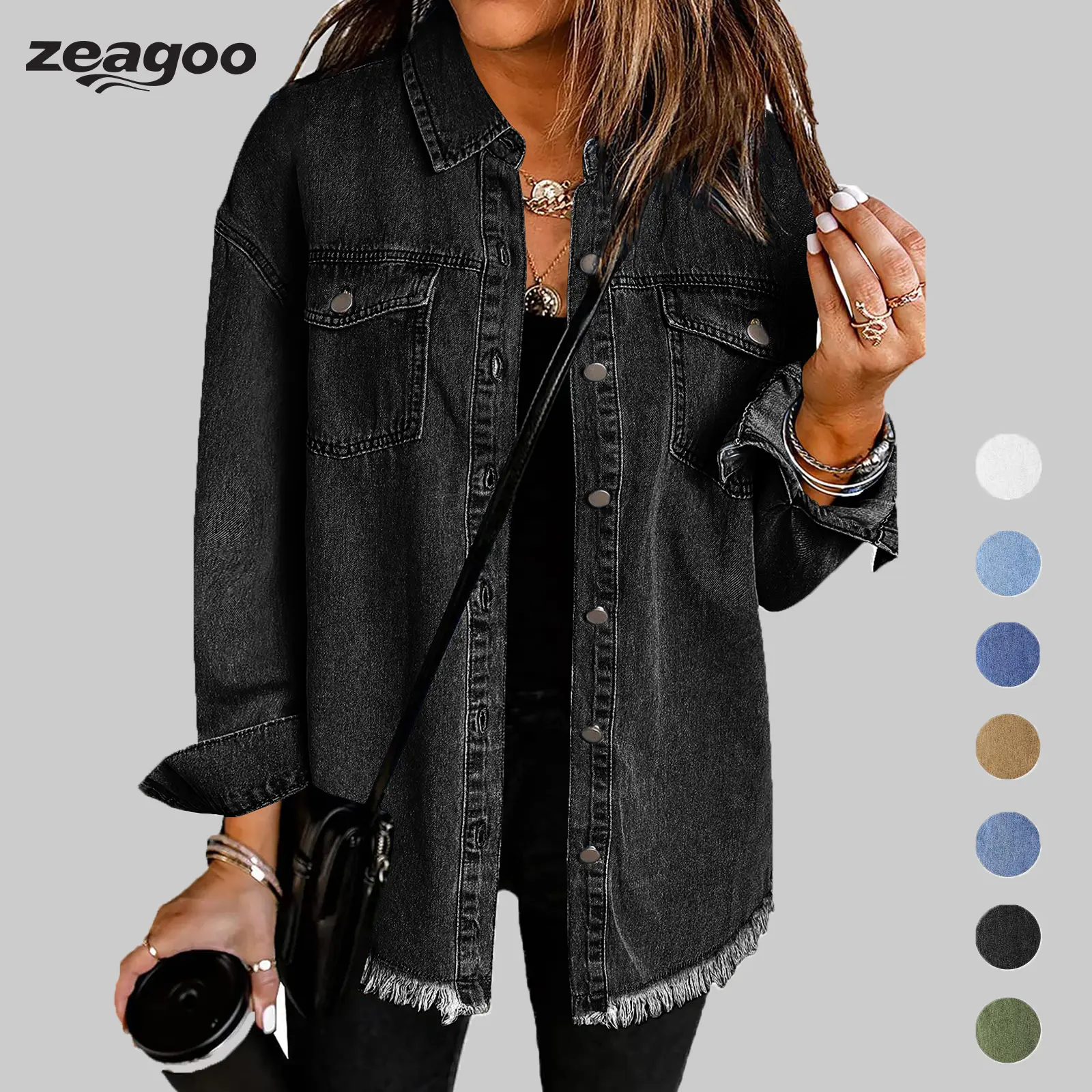 ZEAGOO Women's Oversize Ripped Tassel Denim Jean Jacket - Casual Long Sleeve, Pockets, Soft Fabric, Stylish Tops for Ladies, Back to School Outfit Idea - summerwins