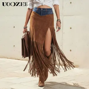 UOOZEE Women's New Autumn Winter Irregularity Asymmetric Fringe-Trimmed Denim-Suede Contrast Color Split-Side Skirts Bottoms, Perfect for Western-Style Outings, Brunch Dates & Casual Urban Events(Sizing Runs Small - Check Size Guide or Order Larger)
