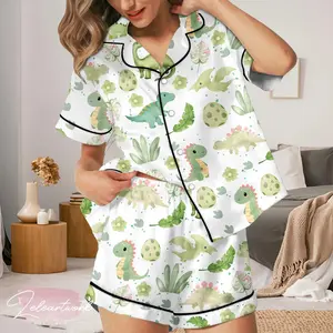 Cute Dinosaur Pajama Set – Satin Short Sleeve Sleepwear with Adorable Dino Print, Cozy Women’s Loungewear & Gift