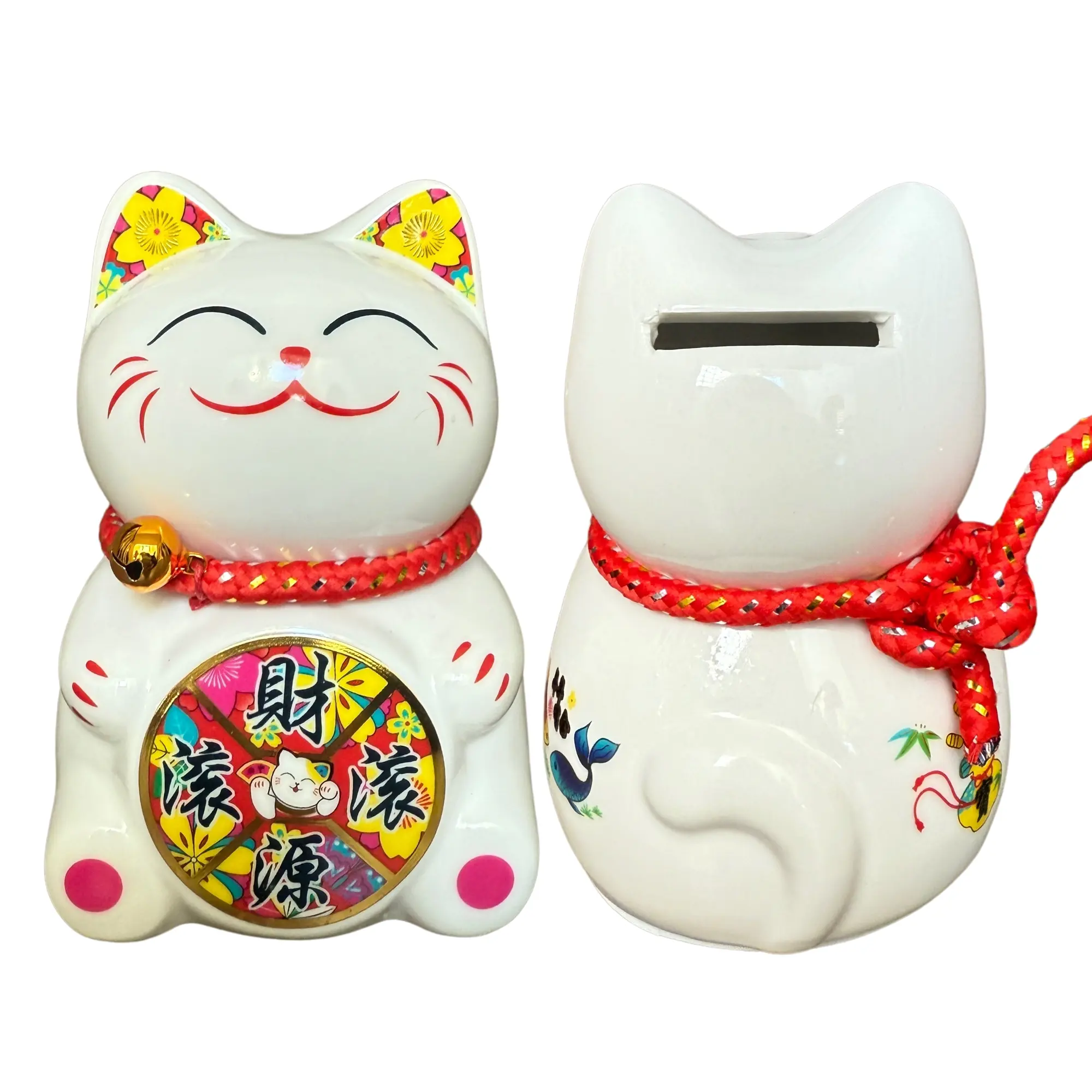 Thy Home 4.75in Small Ceramic Maneki Neko Piggy Bank - Decorative Feng Shui Ornament with Coin Slot, Money Saving Binder Accessory for Office, Indoors Fortune & Gift-Giving (Home Supplies), Family