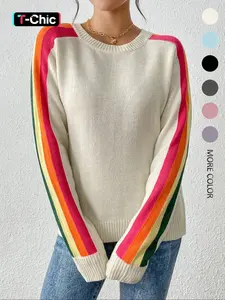 Women's Colorblock Striped Sweater, Casual Long Sleeve Jumper for Spring & Fall, Fashion Women's Knitwear for Daily Wear, Soft Tops