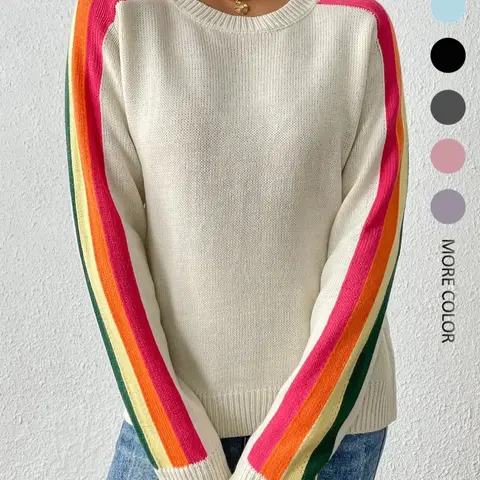 Women's Simple Round Neck Knit Sweater, Casual Loose-Fitting Graphic Pullover, Comfortable Slim Fit for Daily Wear, Spring & Fall, Graphic Crewneck Sweater