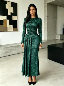 QFAF 2026 Women Green Floral Jacquard Long Sleeve Maxi Dress Elegant Ruched Waist Bodycon Formal Evening Gown with Flowy Draped Hem Stretchy High Waist Slim Fit Cocktail Party Dress for Wedding Guest Prom Birthday Business Dinner