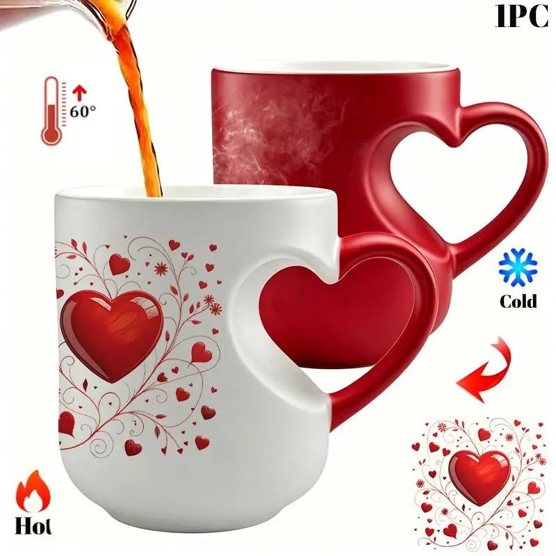 1pc 11oz Red Ceramic Mug, Color-Changing Water Cup, Heart-Shaped Handle, Cup, Coffee Cup, Love Heart Print Style, Ceramic Printed Drinkware, Perfect Birthday Gift, Novelty Cup, Creative Mugs, Fun Ceramic Mug, Reusable, Suitable for Daily Use And Gifting