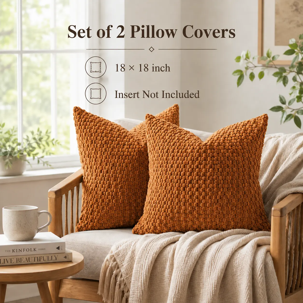 2-Piece Ultra Soft Bubble Velvet Textured Corduroy Cushion Covers for Couches and Sofas - 18in Square Washable Decorative Pillow Covers, No Filling, Ideal for Bedroom & Home Makeover, Washable Cover