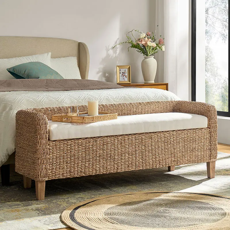 HULALA HOME Rattan Storage Bench with Cream Cushion – Natural Water Hyacinth, Hidden Storage, Backrest, Sturdy Wooden Legs for Entryway, Bedroom, Living Room
