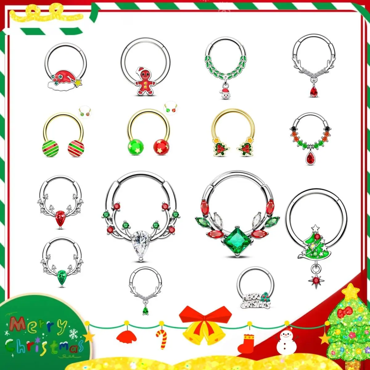 OUFER 16G 316L Stainless Steel Adjustable Hinged Segment Septum Jewelry - 10mm Inner Diameter, Body-Safe, Non-Tarnish AAA+ Rhinestone Unisex Christmas Antler Shape Festival Accessories for Helix, Fake Piercing, Deer