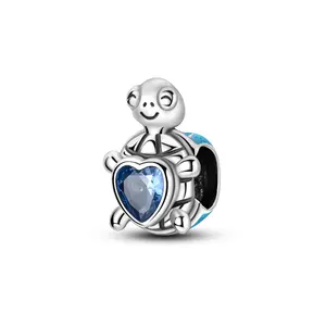 MULA 925 Silver-plated Turtle Heart Beaded Pendant  | Blue Zircon + Enamel | Suitable for Pandora Bracelets and Necklaces |  Valentine's Day and Birthday Gifts