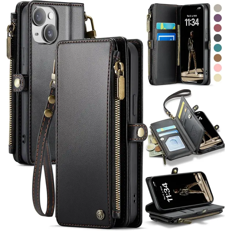 Compatible with  15 Case Wallet with RFID Blocking Card Holder for Women and Men, Fashion PU Leather  Snap Flip Zipper Strap Wallet Phone Case Fit for  15 6.1", Black