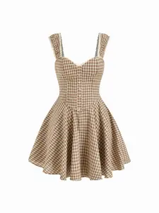 Cider Cotton-blend Gingham Sweetheart Neck Lace Panel Mini Dress