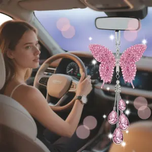 Diamond Butterfly Tassel Car Hanging Ornament, Rearview Mirror Rhinestone Butterfly Pendant, Cute Girl Car Interior Decoration Gift, Car Accessories, Girly Car Accessories