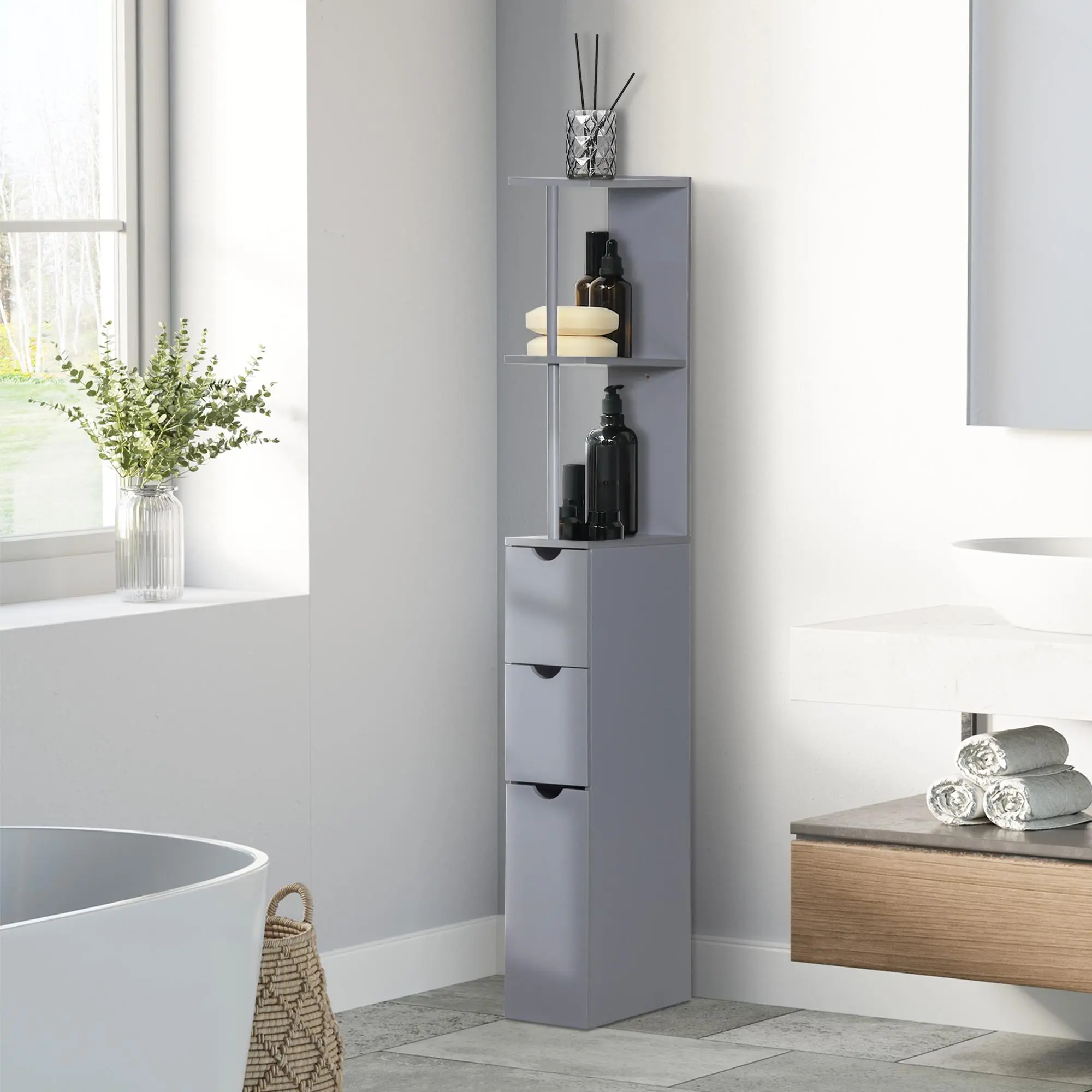 54" Tall Bathroom Storage Cabinet Freestanding Linen Tower with 2-Tier Shelf Drawers Narrow Floor Organizer Grey Solid Wood Structure Space Saving Design