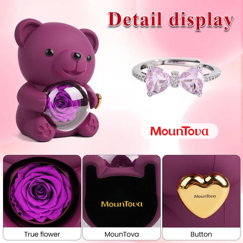 【 Mountova Original Patented】True Love Gift- Valentine's Day Real Rose Bear,Pink butterfly ring, this radiant and romantic gift is perfect for Valentine's Day ,a heartfelt token of affection for the cherished women in your life: mom, girlfriend,wife
