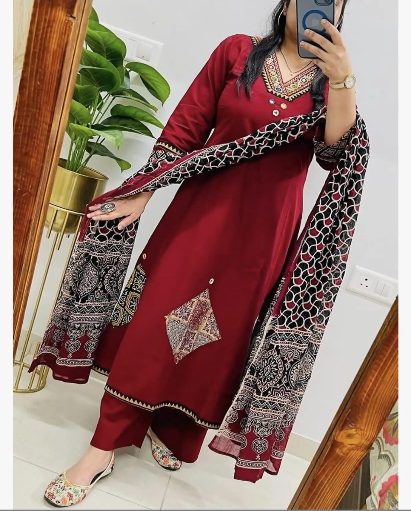 Elegant Red Kurta with Intricate Border and Floral Motifs, Three Piece Set Including Kurta, Pant, and Shawl Cotton Traditional