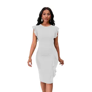 Women's 2024 Elegantly Chic Flutter Sleeve Bodycon Midi Dress Sophisticated & Perfect for Any Occasion Casual Fit Outfit Summer Womenswear Knitted
