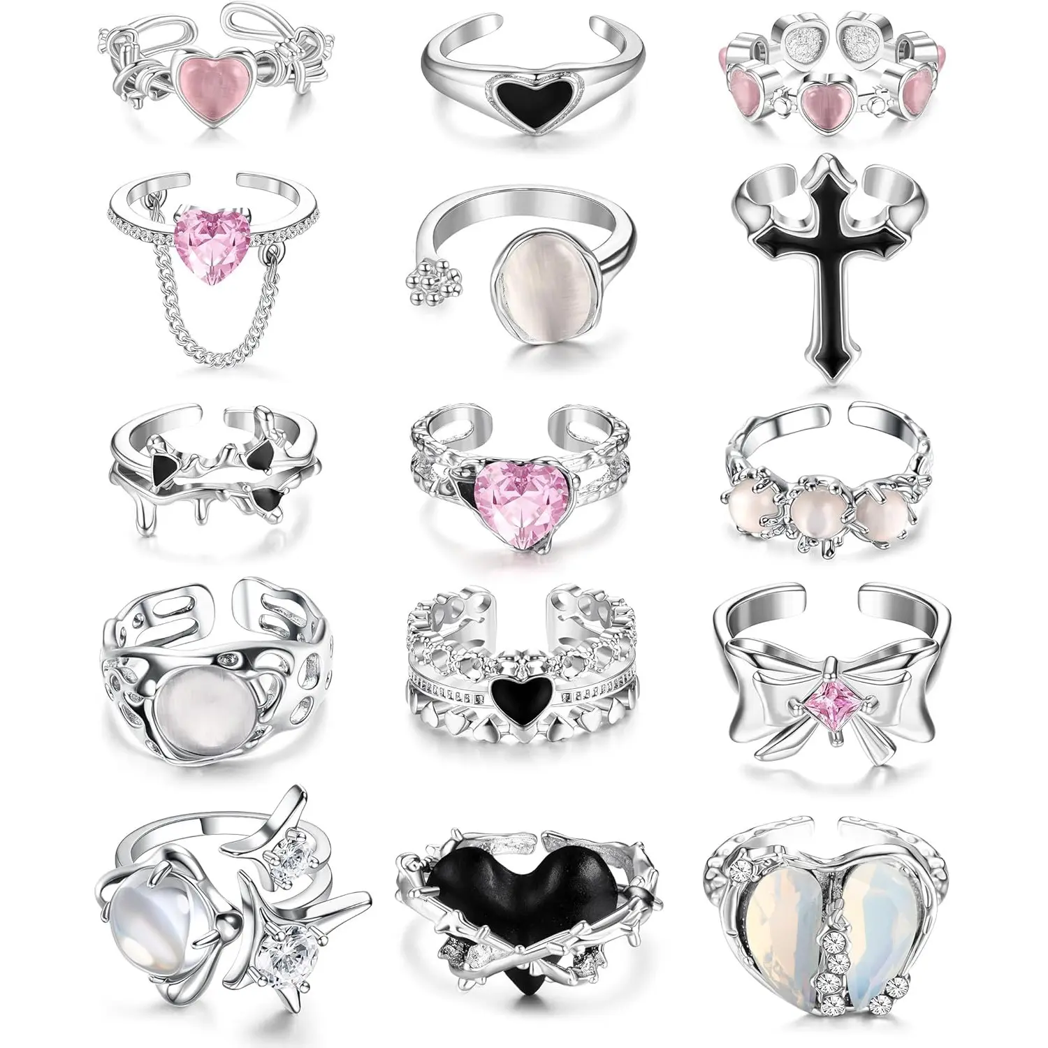 Sanfenly 15-Piece Female Y2K Adjustable Open Rings Set, Irregular Vintage Punk Grunge Gothic Metal Coating Jewelry with Moonstone, Star, Thorn, Heart, Cross, Bud, Bow & Sparkling Zircon Inlay, Handmade Daily Costume Accessory, Rings For Women, Adjustable