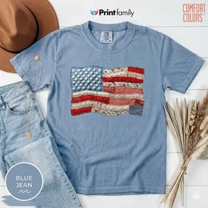 ( FAUX PATCHWORK-PRINT ) Comfort Colors Faux Patchwork American Flag T-Shirt, Vintage Faux Quilted USA Graphic Tee, 250th Years Patriotic Fourth Of July Shirt, Printed Shirt - Printfamily