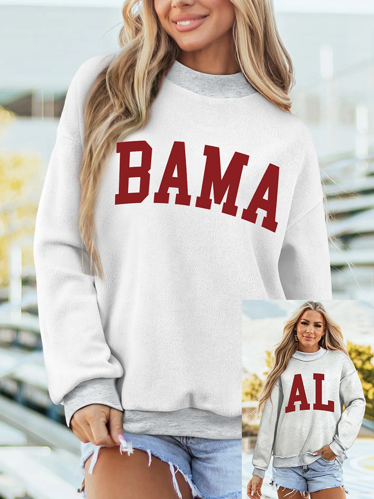Women's ight Grey Game Day Mock Neck Sweatshirt - Double Sided Graphic Print, Oversized Fit, Cozy & Trendy Varsity Style Pullover, Womenswear top