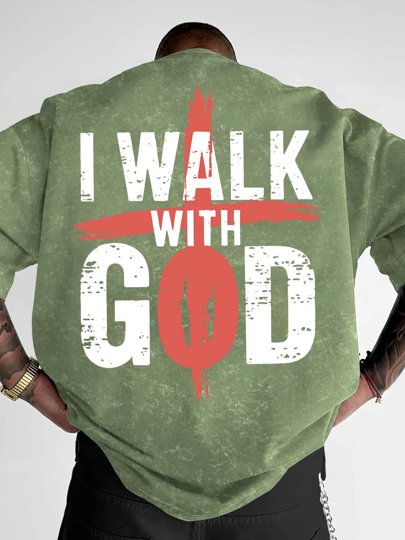 Men's "I Walk With God" Washed Christian Graphic Print T-Shirt, Streetwear Faith Casual Style Tee, Loose Fit, Menswear #IWalkWithGodTee #ChristianStreetwear #WashedTee #FaithPrint #TikTokMadeMeBuyIt