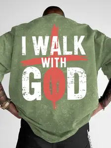 Men's "I Walk With God" Washed Christian Graphic Print T-Shirt, Streetwear Faith Casual Tee, Loose Fit, Menswear #IWalkWithGodTee #ChristianStreetwear #WashedTee #FaithPrint #TikTokMadeMeBuyIt