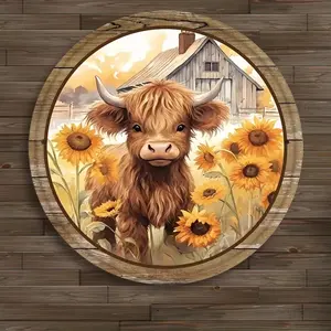 Sunflower & Highland Cattle Pattern Round Metal Sign, Decorative Plaque, Wall Art Decor for Home Living Room Bedroom Farmhouse, Home Decor, Farmhouse Decoration
