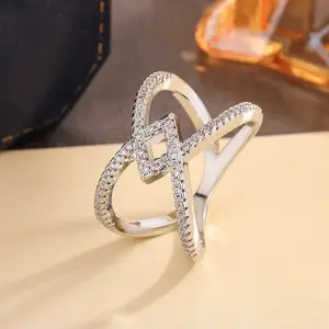 Women's Luxury Silver-Tone Geometric Open Wrap Statement Ring, Sparkly CZ Crossover Artificial Gemstone Jewelry, Elegant Gift for Wedding, Anniversary