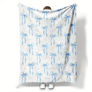 Watercolor Blue Bow Coquette Soft Cozy Flannel Blanket Cute Preppy Bow Print Plush Throw Warm Fuzzy Bedroom Sofa Blanket Perfect Gift for Women Girls Kids Birthday Holiday Bridal Shower Home Decor