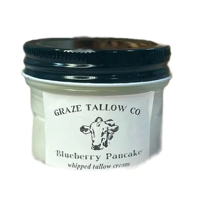 Graze Tallow Co.’s Blueberry Pancake Whipped Tallow Cream, for daily use, get the collagen and vital nutrients your skin needs, while smelling like sweet wild blueberries.