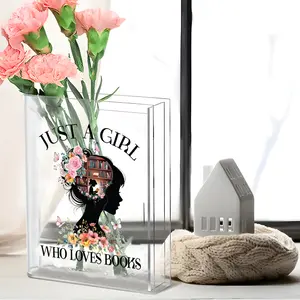 [1pc Book Lover Acrylic Vase] Acrylic BookShaped Vase  "Just A Girl Who Loves Books" Design with Floral  Book Lover Silhouette  Durable Rectangular Home Decor for Bookshelf Coffee Table Library  Perfect Gift for Readers Birthdays Christmas Housewarming