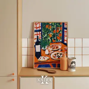 Italian Dinner Table Wall Art - Vibrant Painting of Traditional Italian Cuisine for Kitchen Decor Unframed, Room Decor