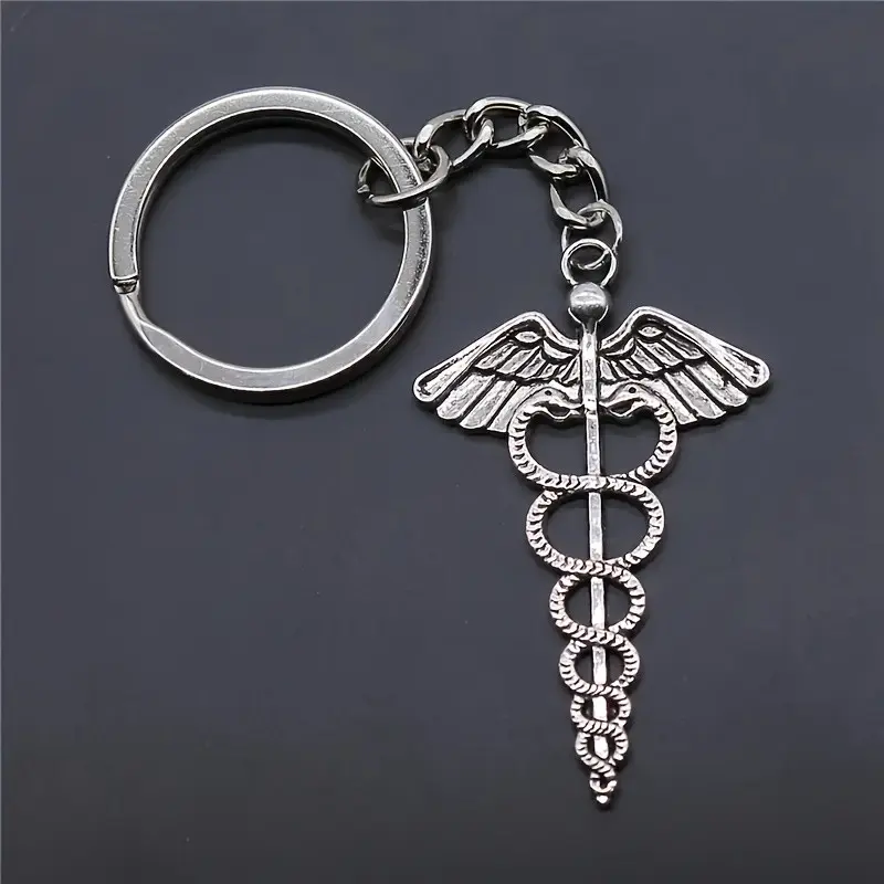 Vintage Snake Staff Keychain, Durable Silver Alloy, Perfect for Nurses and Medical Enthusiasts, Fashionable Keychain for Wallet, Bag, Backpack, Car