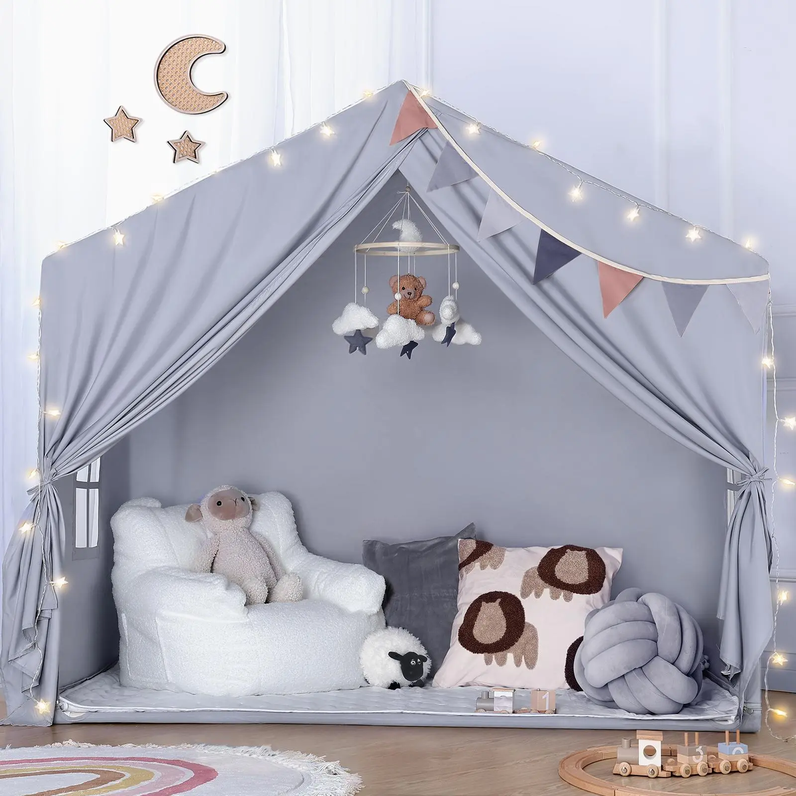 JungleDove Kids' Unisex Large Party Play Tent - Ventilated Indoor-Outdoor Soft Fabric Kids' Play Equipment, 2 Windows, Reading Nook, Fun Fort, Toddler+ Learning Gift (Gray, Ideal for Siblings, Decor Use)