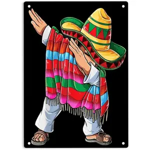 Mexican Poncho Sombrero Metal Sign | 12.0X8.0 inch Wall Decor Plaque for Home, Office, Restaurants, Bedroom, Cafes, Bars, Pub, Man Cave - Shabby Chic Style, Square Shape, English Language