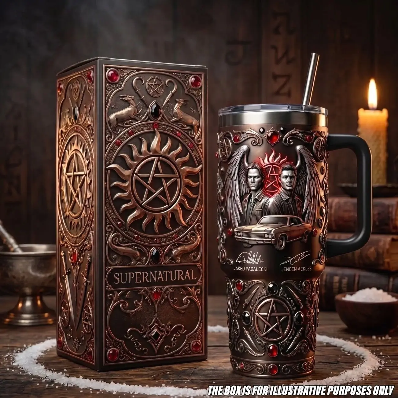 Supernatural Sam And Dean Winchester Tumbler with Handle, 40oz Insulated Stainless Steel Travel Mug Straw, Chevy Impala Anti Possession Pentagram Car Cup, TV Show Fantasy Apparel Drinkware, Vintage Retro Style Travel Coffee Mug Supernatural Fans