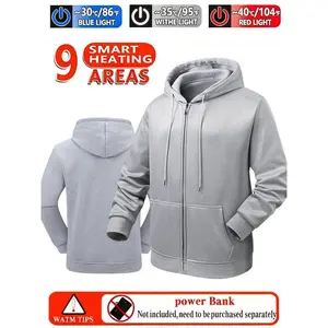 1 Piece Gray Smart Seven-Zone Heated Electric Heating Jacket, Cardigan Hooded Casual Warm Temperature-Controlled Coat, Unisex Outdoor Sports Climbing Gear, Winter Windproof Heated Jacket with USB Interface, Adjustable at Will