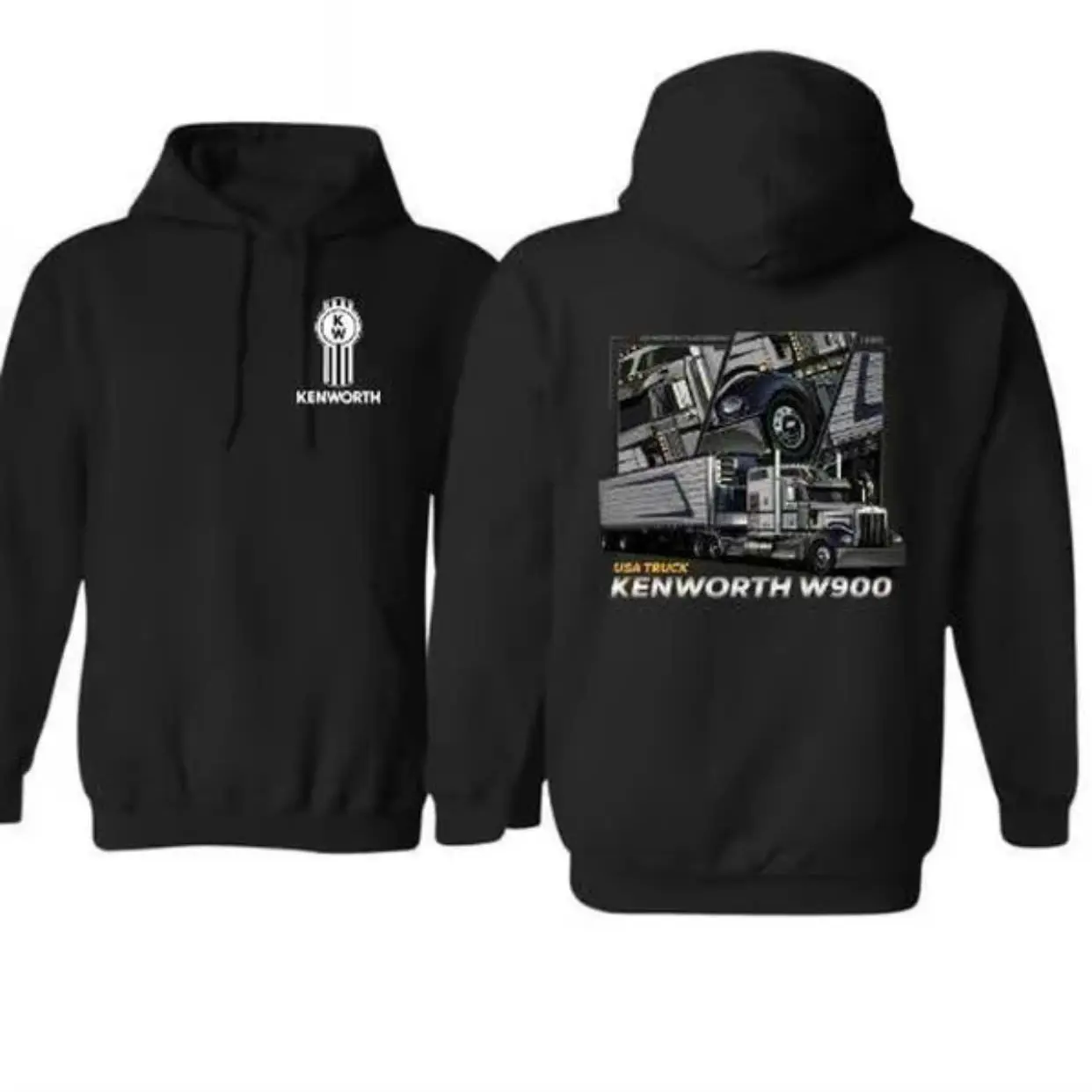 Kenworth Print 2-Sided Hoodie, Vintage Semi Truck Print Pullover, American Hauler Sweatshirt For Drivers, Gift Idea For Him or Dad